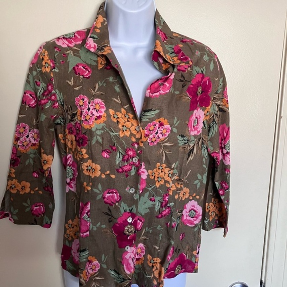 Floral 100% Linen‎ Button-Up Women's 3/4 Sleeve Top Cottage Size Small